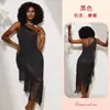 Estilo Comércio Exterior Estilo Garota Popular Europeia e Americana Vestido de Um Ombro com Strass Irregular e Franjas Malha Transparente Vestido Irregular de Comprimento Médio 1233
