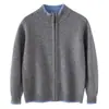 Jaqueta de cashmere com blocos de cor de sete pontos para outono e inverno, gola alta infantil, macia e aconchegante, unissex, com zíper, de cor contrastante, cardigã espesso