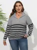 Suéter Feminino Novo Estilo Transfronteiriço Europeu e Americano Tamanho Grande Feminino Tricô Listrado Patchwork Gola Alta com Zíper Solto Suéter Tecido