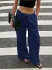 Pantalones anchos de lino con cordón elástico en la cintura para mujer, de estilo cruzado, fluidos, transpirables, rectos, casuales, con bolsillos, pantalones largos casuales