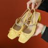 Zapatos de Tacón Alto Estilo Chanel de Satén de Seda, Lujo Ligero y Sensación de Gama Alta, Zapatos de Tacón Grueso de Verano para Mujer, Punta Cuadrada con Lazo, Cómodos para Estar de Pie Mucho Tiempo