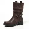 Atacado em grande quantidade botas de cano médio empilhadas estilo europeu e americano salto grosso cinto de altura fivela puxar botas western europeias e americanas sapatos femininos outono e inverno