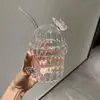 Vaso de Vidrio Rosa en Relieve Tridimensional, Vaso con Popote Resistente al Calor de Alto Borosilicato, Taza Grande para Café para el Hogar y la Oficina, Taza para Té de Leche