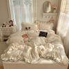 [Fragrância Premium] Estilo Princesa Menina Classe A Veludo Leite Esculpido Renda Dupla Camada Conjunto de Cama de Quatro Peças