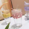 Taza de vidrio de doble pajilla con patrón de martillo de aspecto elegante, taza de café, taza para bebidas frías, taza para jugo, taza con pajilla, taza para leche, taza de agua