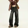 Jeans Anchos Lavados Negro Retro de Calle Americana para Mujer 2025 Tendencia Versátil Nuevo Pierna Recta Holgada