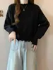 Jaqueta suéter curta estilo coreano com gola alta meia, para mulheres, nova, outono e inverno, modelagem solta, estilo college, base de renda