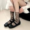 Calcetines apilables transpirables de malla transparente fina de primavera y verano, estilo japonés JK, calcetines de longitud media con lazo de lunares y encaje blanco puro