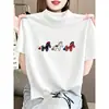 Camiseta feminina de algodão puro, manga curta, gola alta meia, escovada e espessa, branca, estilosa e versátil, top base para moda outonal