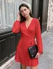 Vestido wrap de cuello en V Amazon Europeo y Americano 2026, manga larga, manga abullonada, entallado a la cintura, con cinturón para atar, minivestido de fiesta