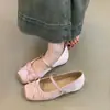 Primer Encuentro Zapatos Mary Jane Planos de Punta Cuadrada con Lazo Dulce de Satén Francés para Aumentar la Altura 3 cm de Temporada para Combinar con Vestidos
