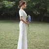 Vestido de novia ligero de satén francés para fotografía de viaje, simple, súper de hadas, estilo bosque, manga corta, vestido de salida de novia, largo hasta el suelo, vestido formal blanco