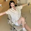 Pijama de Algodão Bolha Novo Estilo Cardigã Feminino Verão Calça Manga Curta Estilo Popular do Instagram Tecido Amassado Conjunto Estudante Roupas de Casa