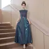 Vestido sem mangas com lantejoulas estreladas, gola redonda, cintura de renda, saia ampla tipo guarda-chuva, elegante vestido longo para apresentações de festa anual