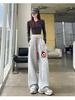 Calça Casual Esportiva Bordada com Flocagem de Maçã em Cor Contrastante Perna Reta Feminina Outono Popular Este Ano Solta Perna Larga Calça de Moletom Plátano