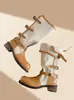 20264cm Salto Grosso Dobrável Dupla Utilização Fivela Cor Bloqueada Bico Redondo Botas de Equitação Meia-Panturrilha Sola Grossa Aumenta Altura Botas Longas para Mulheres