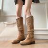 Botas vaqueras occidentales de tacón grueso estilo retro Maillard 2025 Otoño Nuevas Elegantes Versátiles Puntera redonda Botas altas de caballero para mujer