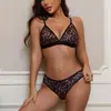 Conjunto Íntimo Sexy Estampa de Leopardo Decote em V Profundo Taça Triângulo para Mulheres Sutiã Sem Aro Conjunto de Sutiã e Íntimos para Exportação 1178