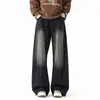 Jeans versátiles de corte holgado y pierna ancha color azul hielo con efecto desgastado y orejas de gato para hombre y mujer