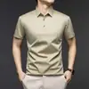 Camiseta Polo de Manga Corta de Seda Helada de Alta Gama con Cuello Campana para Hombre, Verano 2026, Casual de Negocios para Hombres de Mediana Edad, Color Sólido