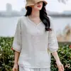 Camisa bordada de algodón y lino con cuello en V, estilo artístico y vintage, camiseta para mujer, top casual de corte holgado, favorecedor y elegante
