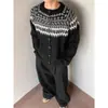 Suéter Tricotado Jacquard Fair Isle Estilo Retro Americano Old Money para Homens e Mulheres Cardigan Jaqueta Casual Solto Cleanfit