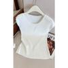 NUNBAI Estilo Francés Estilo Camiseta de Manga Corta Tejida de Seda de Hielo para Mujer Verano Pequeño Top Estilo Occidental