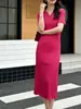 Vestido de Verano 2026 Estilo Nuevo Cuello en V Color Sólido Holgado Sencillo Moda Elegante Versátil Adelgazante Línea A Vestido Adelgazante Miyake