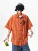 Camisa Xadrez Laranja de Verão Solta Dopamina Manga Curta Jaqueta Xadrez Manga 3/4 Top Estilo Retro Americano