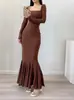 Vestido Midi Bodycon de Manga Longa com Decote Quadrado Estilo Pure Desire para Mulheres, Outono/Inverno Elegante Slim Fit Sexy Longo