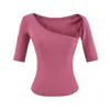 Diseño puramente seductor con un cuello irregular, camiseta lisa de manga media, nuevo top corto ajustado liso de verano para chicas calientes