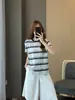 Zedaijiayi 26ª Nova Coleção Primavera/Verão Cor Básica Color Block Design Listrado Algodão Penteado Respirável Gola Redonda Manga Curta Camiseta para Mulheres