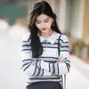 Camiseta Polo de Algodão com Listras e Blocos de Cor, Manga Longa, Top Versátil Casual Americano para Mulheres, Estilo Fino para Primavera e Outono, Estilo Preguiçoso