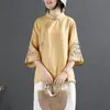 2024 Nueva Camisa Retro de Algodón y Lino Estilo Chino para Mujer Primavera y Verano Estilo Chino Cuello Alto Botones Top Inclinado Bordado Ropa de Té