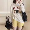 Camiseta de Manga Larga con Estampado de Dibujos Animados y Cuello Redondo Estilo Retro Americano para Mujer en Verano Estilo Holgado Perezoso Casual Versátil Top de Media Manga