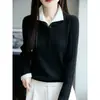 Suéter de malha com lapela de cor contrastante, falso duas peças, feminino, outono e inverno, justo, manga longa, top base A14851