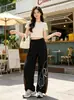 Calça Esportiva de Moletom com Estampa de Leopardo, Listras Verticais e Flores com Letras para Homens, Novo Estilo de Verão com Bordado de Emblema, Calça Longa Casual Solta para Mulheres