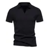 Camiseta de Verano de Manga Corta para Hombre Lel Color Sólido Retro Elástica Moderna Cuello en V Ajustada Camiseta Simple Transfronteriza