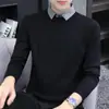 Suéter Masculino de Primavera e Outono com Gola de Camisa Falsa de Duas Peças, Malha Casual, Novo Suéter Slim-Fit de Manga Longa Estilo Coreano 2026