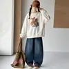 Conjunto de sudadera con estampado de oso y pantalón vaquero para niña, primavera y otoño, atuendo casual y elegante de dos piezas estilo coreano para niños mayores