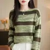 Suéter de Punto Rayado Multicolor Retro Francés para Mujer Holgado Adelgazante Cuello Redondo Jersey Casual Versátil Capa Base Cálido