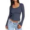 Ropa transfronteriza AliExpress Amazon para mujer, de manga larga, color liso, estilo europeo y americano, cuello cuadrado, corte ajustado, camiseta de manga larga