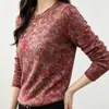 Camiseta Redonda de Manga Larga con Estampado Floral Plateado Elegante Moda de Principios de Otoño Para Reducir Edad Ropa de Mamá Camiseta Básica Plateada Versátil Adelgazante