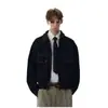 Chaqueta de mezclilla con solapas de colorblock estilo retro americano para hombre, chaqueta de mezclilla de trabajo holgada de moda para primavera y otoño para hombre