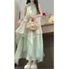 Novo vestido de verão estilo coreano verde puro para férias, vestido longo com gola halter, patchwork de renda floral, emagrecedor