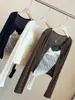 Conjunto de dos piezas para mujer: camisola sexy de encaje transparente estilo francés con lunares y almohadillas en el pecho, y cárdigan de punto, conjunto de tops de otoño