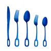 Set de Cinco Piezas de Cubiertos de Acero Inoxidable Pulido de Alta Gama con Hebilla Halo, Tenedor y Cuchara, Mango Creativo de Anillo Colgante, Cuchillo para Bistec de Restaurante Occidental de Hotel