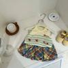 Novo terno de verão para meninas, estilo coreano, colete de malha com pescoço pendurado, calças coloridas de dopamina, conjunto de duas peças