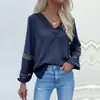Yiyi Outono e Primavera Popular Camisa de Manga Longa com Patchwork de Renda Pulôver Gola V Camisa Vazada Amazon Cross-Border Moda Feminina