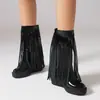Botas de Cuero de Caña Alta Comercio Exterior Casual Botas de Cuña con Borlas Punta Redonda Botas Martin Calzado de Mujer de Longitud Media Mujer Adulto